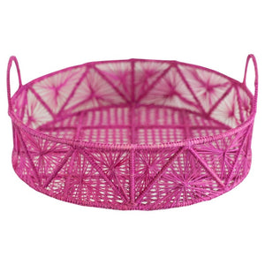 CONTEMPORARY ROUND HANDWOVEN HOT PINK RATTAN SERVING TRAY / BASKET