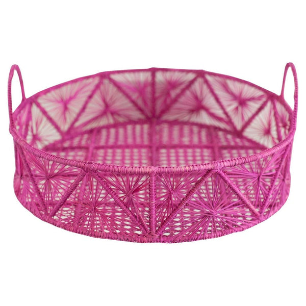 CONTEMPORARY ROUND HANDWOVEN HOT PINK RATTAN SERVING TRAY / BASKET