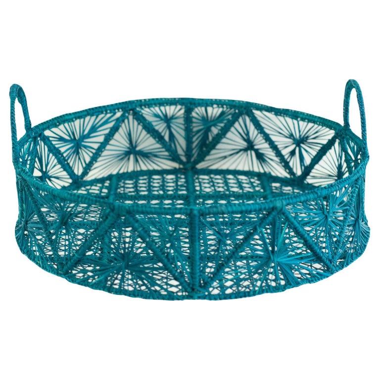 CONTEMPORARY ROUND HANDWOVEN TURQUOISE RATTAN SERVING TRAY / BASKET