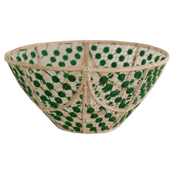 CONTEMPORARY ROUND HANDWOVEN RATTAN BOWL WITH GREEN KNOTS