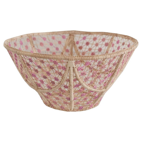 CONTEMPORARY ROUND HANDWOVEN RATTAN BOWL WITH SOFT PINK KNOTS