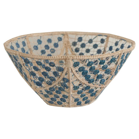 CONTEMPORARY ROUND HANDWOVEN RATTAN BOWL WITH SKY BLUE KNOTS