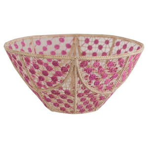 CONTEMPORARY ROUND HANDWOVEN RATTAN BOWL WITH PINK KNOTS