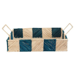 CONTEMPORARY CHECKERED RECTANGULAR RATTAN SERVING TRAY WITH HANDLES