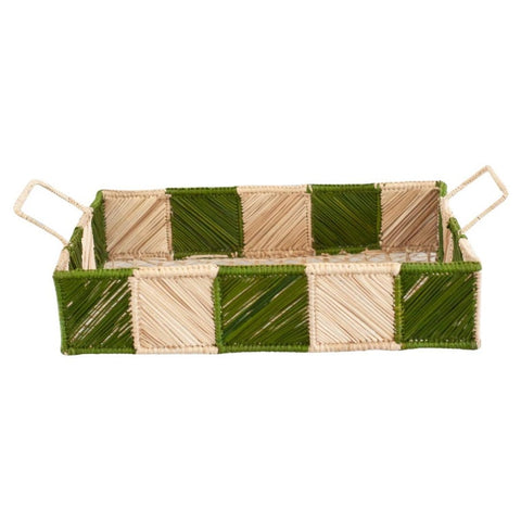 CONTEMPORARY CHECKERED RECTANGULAR RATTAN SERVING TRAY WITH HANDLES