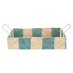 CONTEMPORARY CHECKERED RECTANGULAR RATTAN SERVING TRAY WITH HANDLES