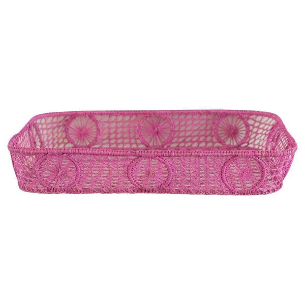 CONTEMPORARY RECTANGULAR RATTAN SERVING TRAY IN PINK WITH ROUNDED CORNERS