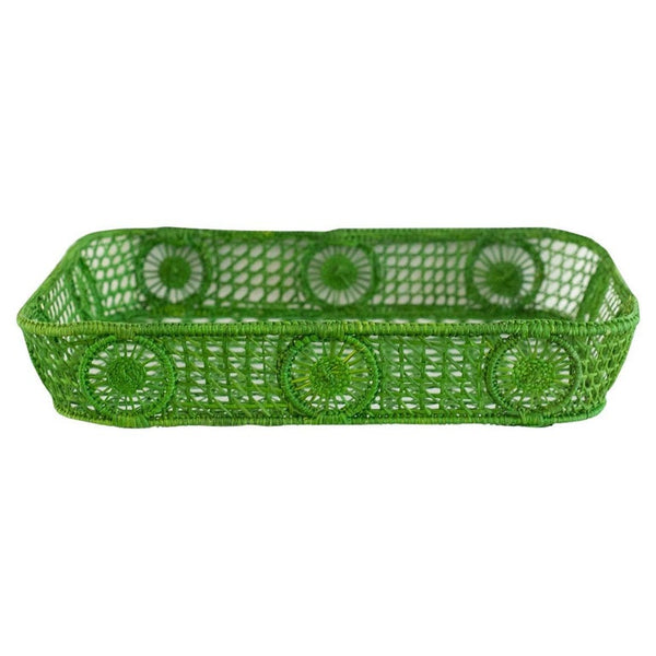 CONTEMPORARY RECTANGULAR RATTAN SERVING TRAY IN GREEN WITH ROUNDED CORNERS