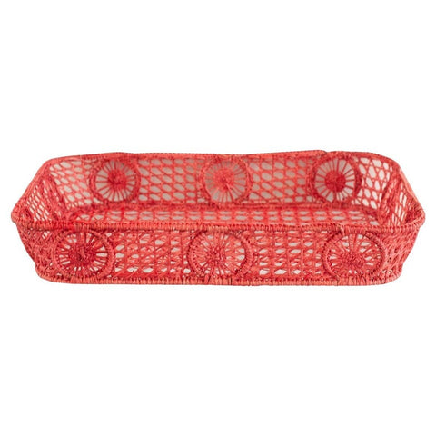 CONTEMPORARY RECTANGULAR RATTAN SERVING TRAY IN CORAL WITH ROUNDED CORNERS