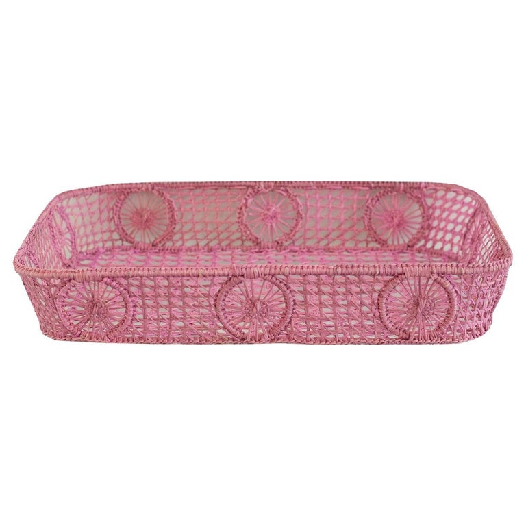 CONTEMPORARY RECTANGULAR RATTAN SERVING TRAY IN SOFT PINK WITH ROUNDED CORNERS