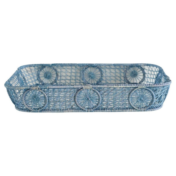 CONTEMPORARY RECTANGULAR RATTAN SERVING TRAY IN SKY BLUE WITH ROUNDED CORNERS