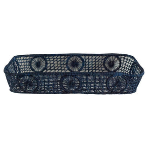 CONTEMPORARY RECTANGULAR RATTAN SERVING TRAY IN NAVY WITH ROUNDED CORNERS