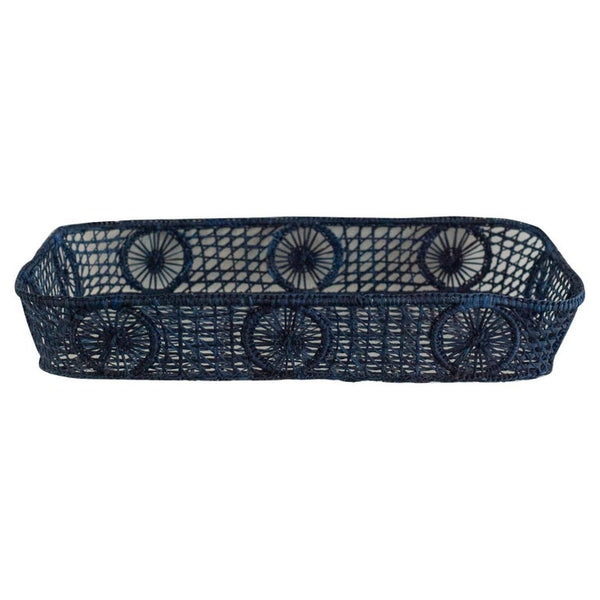 CONTEMPORARY RECTANGULAR RATTAN SERVING TRAY IN NAVY WITH ROUNDED CORNERS