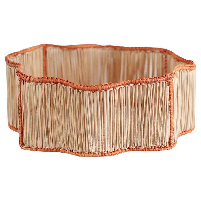 CONTEMPORARY ROUND WAVY WOVEN RATTAN BOWL / BASKET IN CORAL