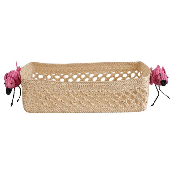 CONTEMPORARY WOVEN RATTAN SMALL RECTANGULAR BASKET WITH FLAMINGOS