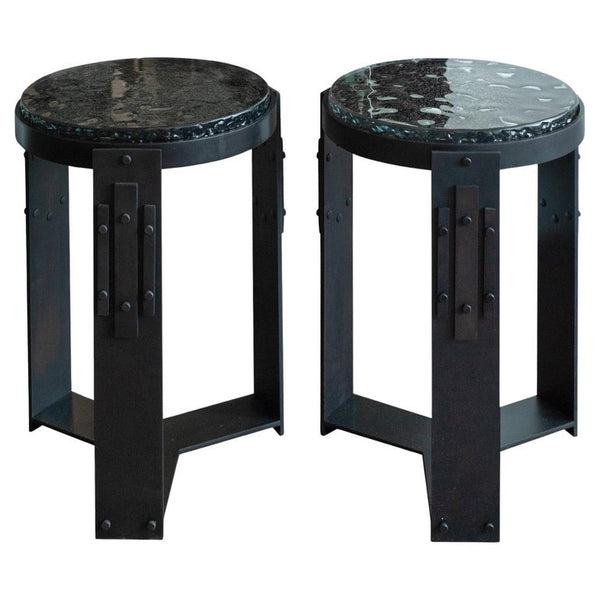 STUDIO MAISON NURITA PAIR OF SMOKED GLASS TABLES WITH BLACKENED BRASS BASES