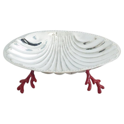 VINTAGE SILVER PLATE SHELL TRAY WITH CORAL SHAPED ENAMEL FEET