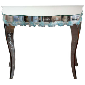 CONTEMPORARY MURANO MIRRORED CONSOLE WITH HAND BLOWN BLUE FLOWERS