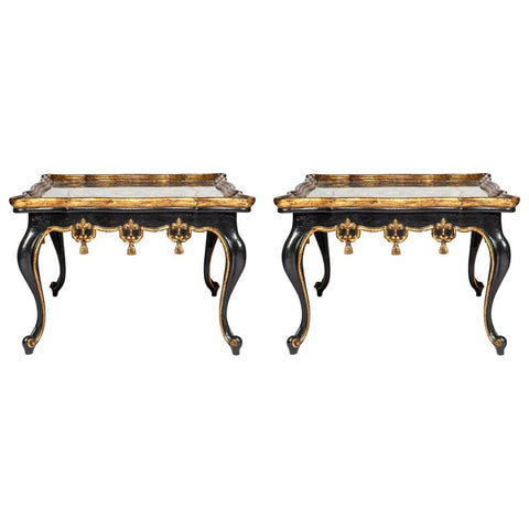 PAIR OF BLACK & GILDED COFFEE TABLES WITH EGLOMISE TOPS