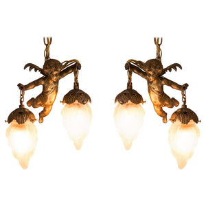 ANTIQUE FRENCH PAIR OF BRONZE CHERUB CHANDELIERS