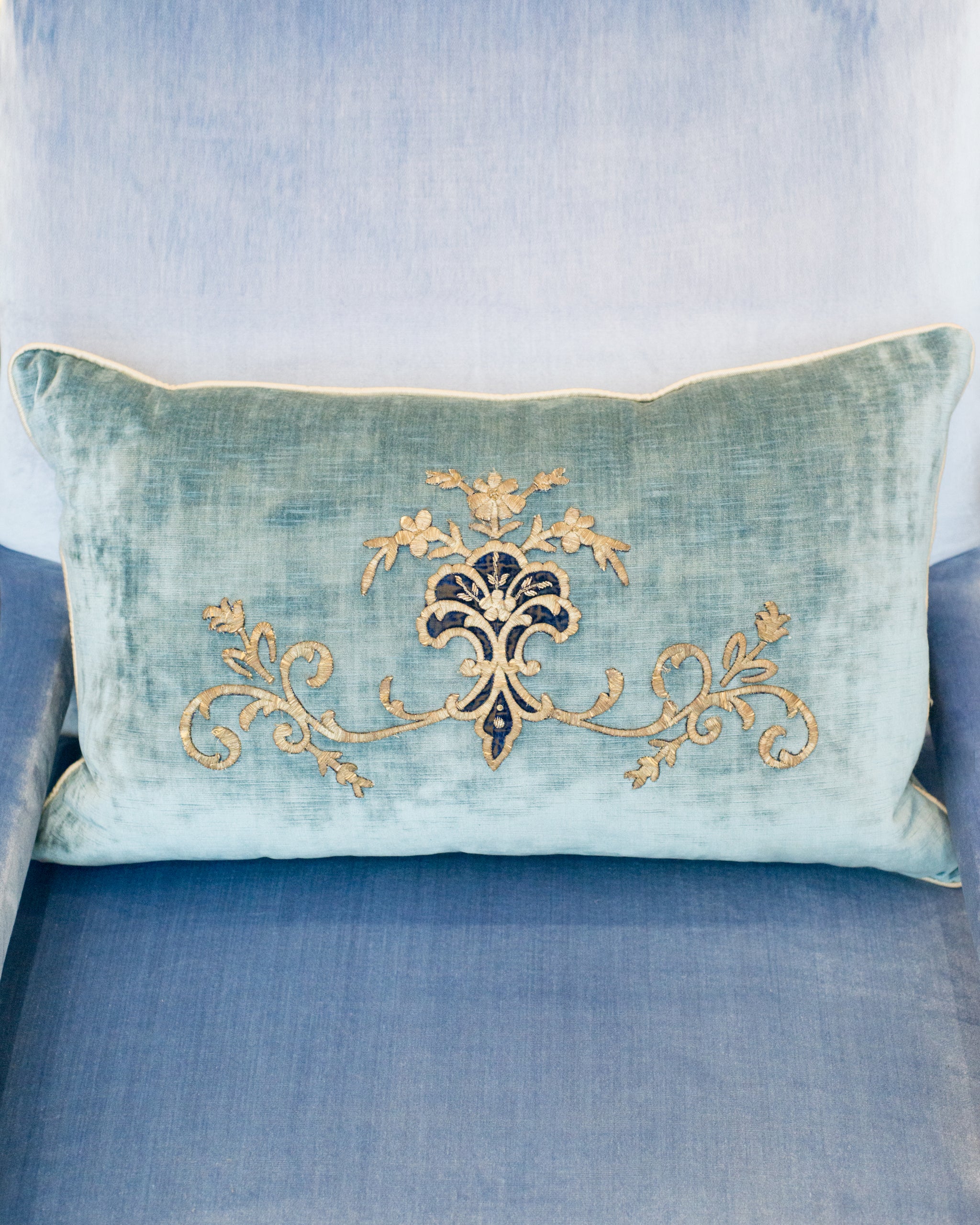 LARGE BLUE VELVET PILLOW WITH ANTIQUE METALLIC EMBROIDERY MAISON NURITA