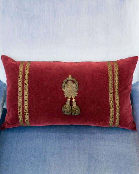 ANTIQUE LARGE BURGUNDY VELVET PILLOW WITH TRIM & TASSLES