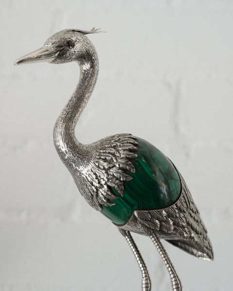 A 925 Sterling Silver heron with a Malachite egg by master Jeweler Alcino. Porto.